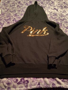 PINK Victoria's Secret Black Hoodie with Gold Sequin Logo